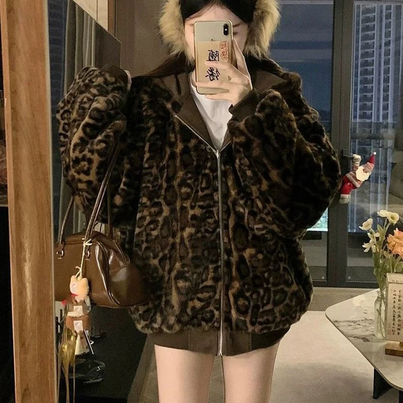 American Reversible Leopard Jacket Women Vintage Pu Leather Thick Warm Hooded Jacket Winter Streetwear Loose Zipper Outwear New