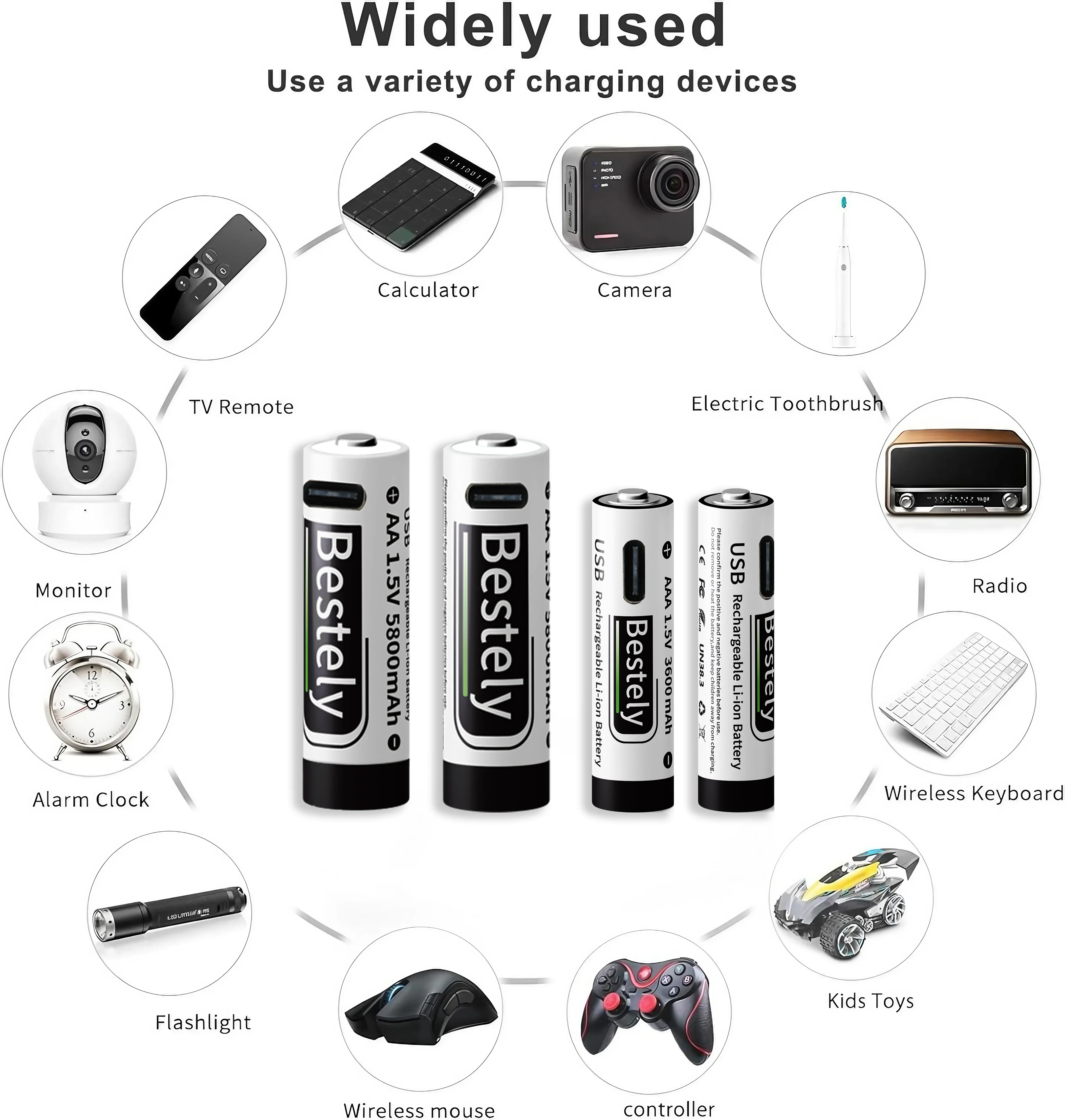 Updated 1.5V AA 5800mAh+AAA 3600mAh Rechargeable Lithium Ion Battery Fast Charging Li-ion Batteries 2000 Cycle with USB-C Cable