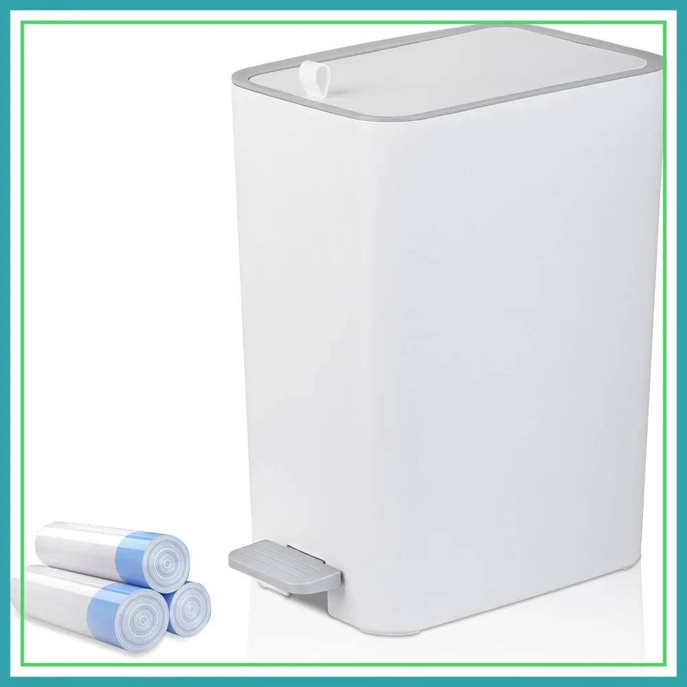 

Small Bathroom Trash Can with Lid, 2.1 Gal Step Garbage Can with Handle, Slim Wastebasket for Bedroom Office Dorm White