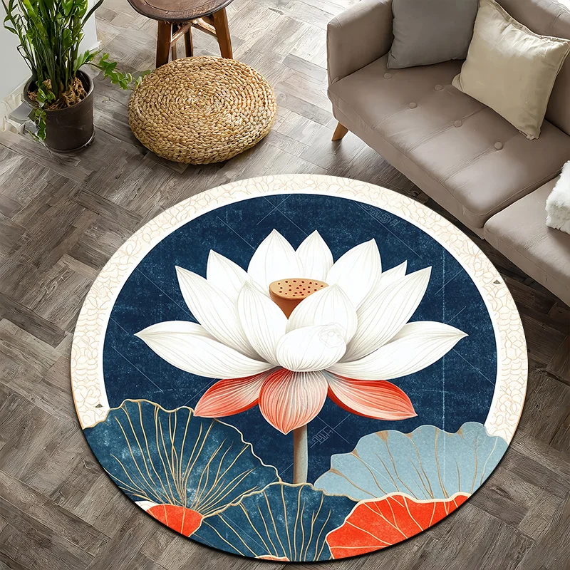 Lavender Oriental Style Flannel-printed round floor mats are slip-resistant Suitable living room bedroom terrace garden carpets