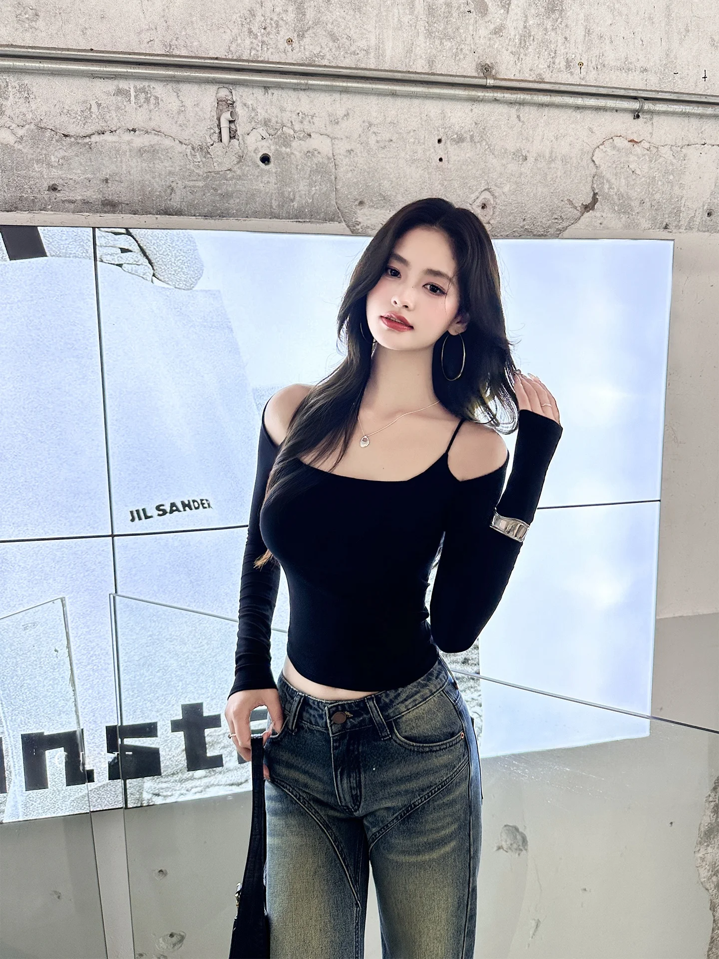 

Sexy Long Sve Slim Fit Women's T-irt One-oulder Design Breathable Pure Color Inner Wear Casual Commute Spring Autumn