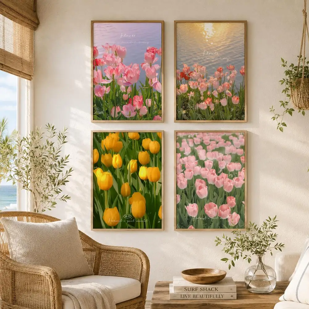 Lake Tulip Nature Painting Calligraphy High-Quality Canvas Wall Mural Crease-Free For Living Room Bedroom Interiors