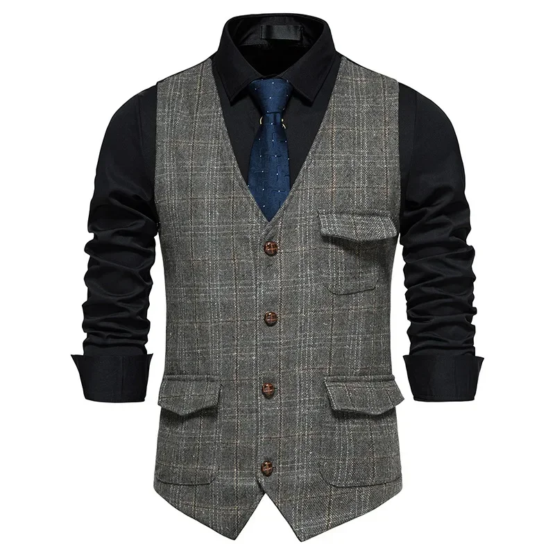 Gilet da uomo Cappotti scozzesi Senza maniche Monopetto con scollo a V Blazer Casual Giunzione regolare Semplice Gilet slim fit Cappotto Abiti autunnali
