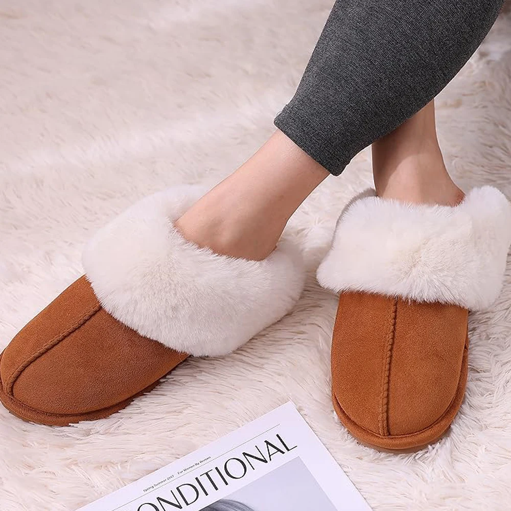 

Comwarm Women's Fluffy Fur Slippers Winter House Plush Slippers With Memory Foam Couple Warm Bedroom Cotton Shoes Indoor Outdoor