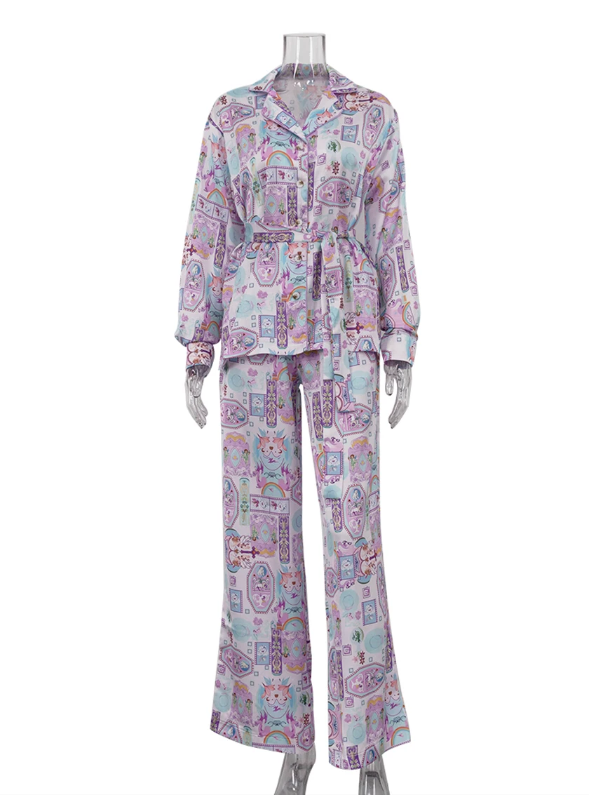 Marthaqiqi Printing Ladies Sleepwear Suit Sexy Turn-Down Collar Lace Up Pajama Long Sleeve Nightgown Pants Fashion Nightwear Set - Image 4