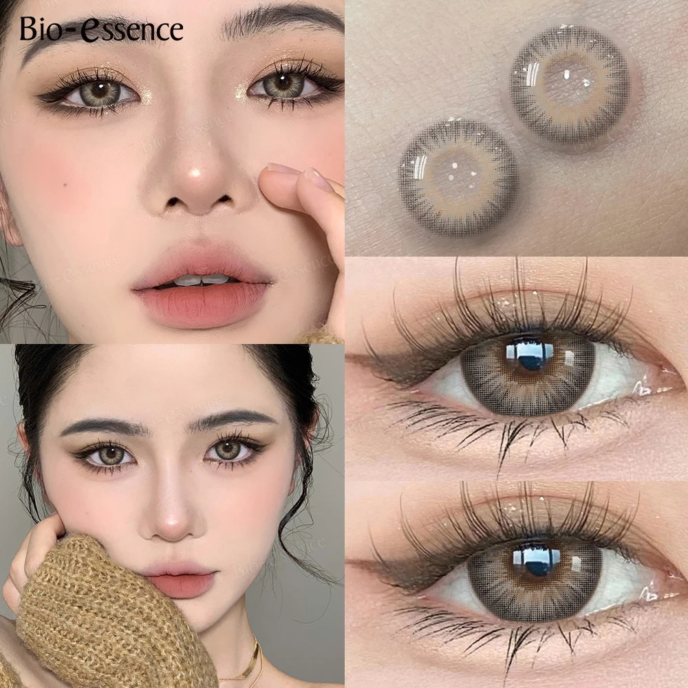 Bio-essence Gray Colored Contact Lenses with Degree 0~-6.00 Myopia Lenses Natural Eye Contact Prescription Lenses Fashion Lenses