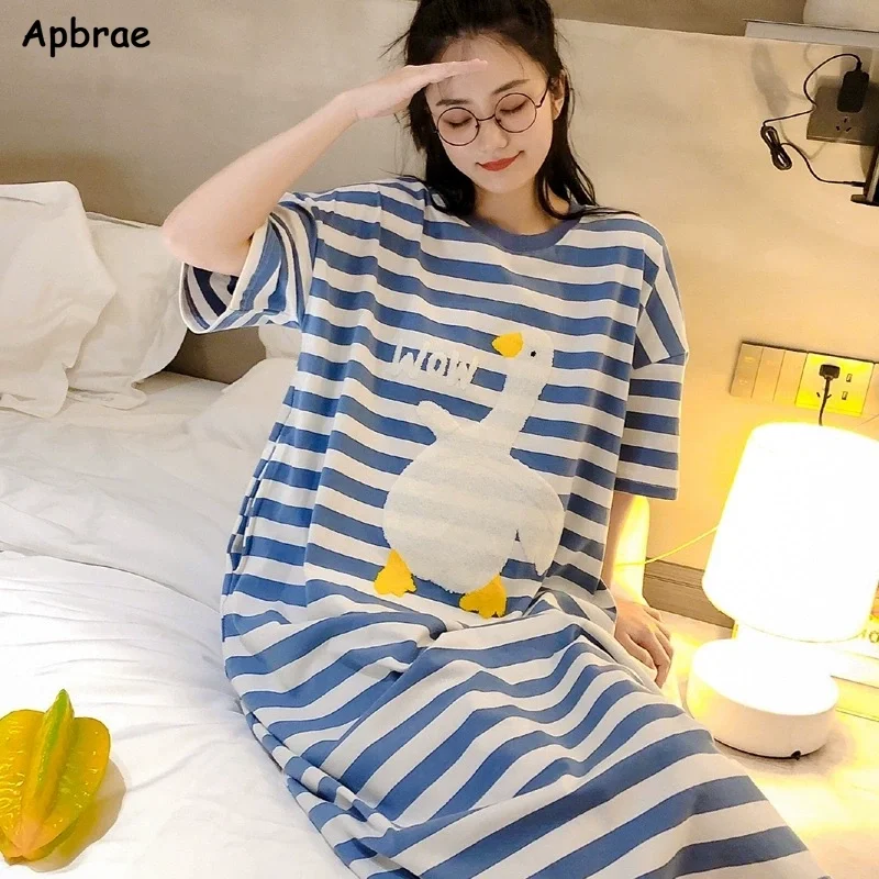 Cute Long Nightgown Summer Woman Milk Silk Kawaii Nightdress Stripe Animal Korean Pajamas Sleepwear Ins Round Collar Home Dress