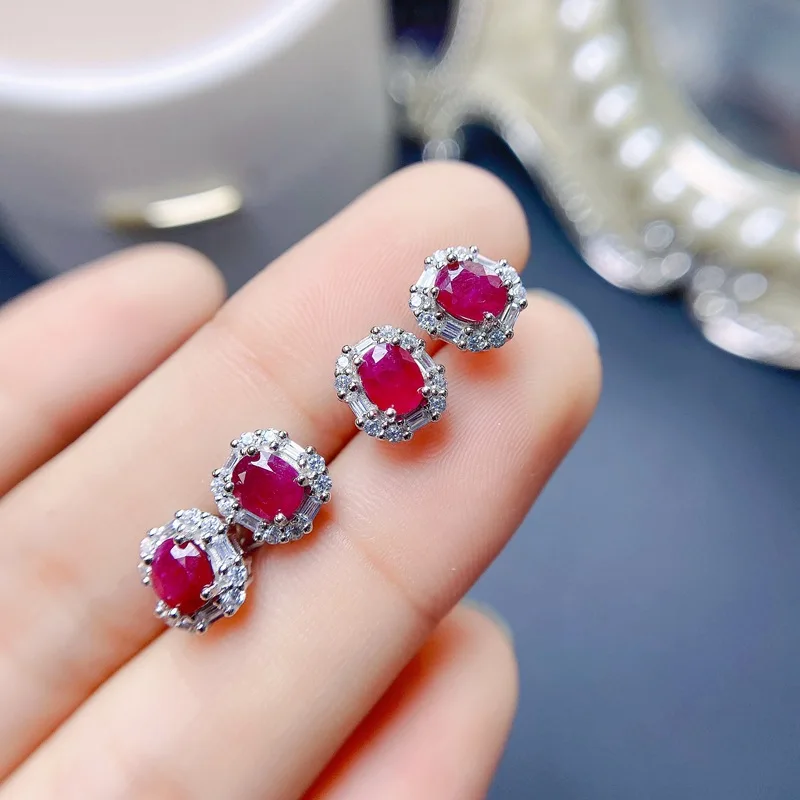 

Genuine Ruby Stud Earrings for Women Girl Lady S925 Silver with Certificate Gemstone Anniversary Wedding Engagement 5x4mm