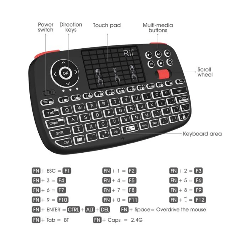 Rii I4 Dual Mode Keyboard, Bluetooth+2.4g With Touchpad,New Scroll Wheel Design,With a Backlit