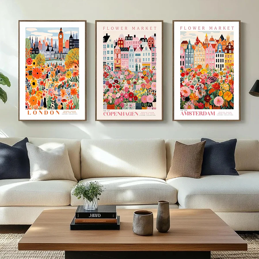 Vintage Flower Market City Poster Wall Art Paris London Prague Amsterdam Retro Floral Canvas Print Home Decor Aesthetic Gift