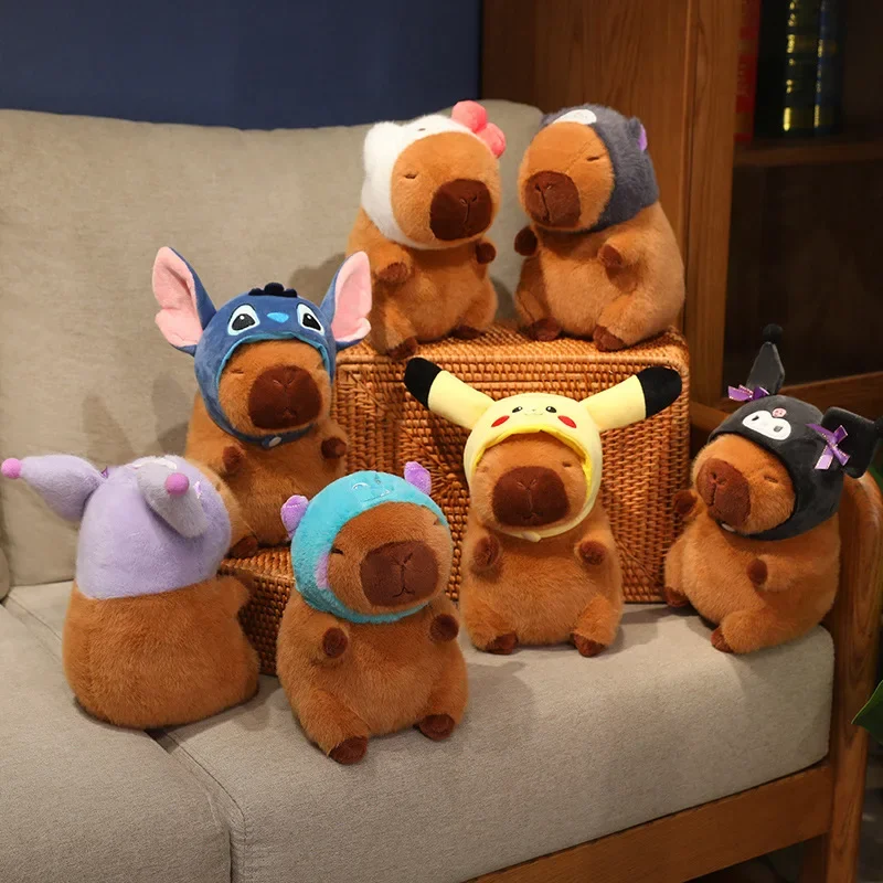 Precioso capibara con sombrero de Pikachu, sombrero de gato Lucifer de punto, juguete de peluche, animales de peluche creativos, muñeco de capibara, bolso para niña, regalos colgantes