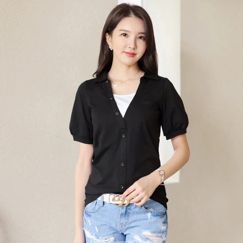 2023 Summer New Short Sleeve T-shirt Lapel Pocket Fake Two Piece Slim Fit Fashion Cotton Solid Color Versatile Women's Top