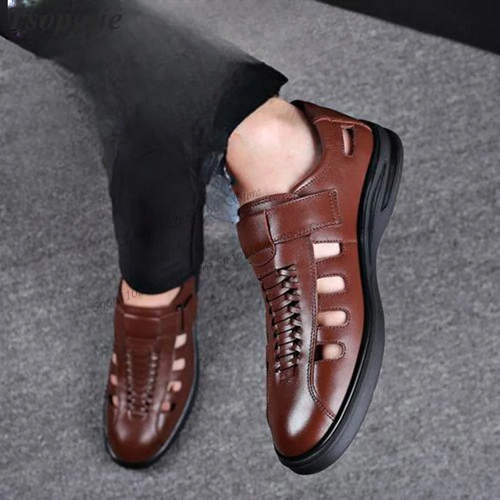 High Quality Brown Hollow Matte Leather Hook Men's Pumps Shoes For Men Flat With Runway Casual Party Shoes 2023 Zapatillas Muje