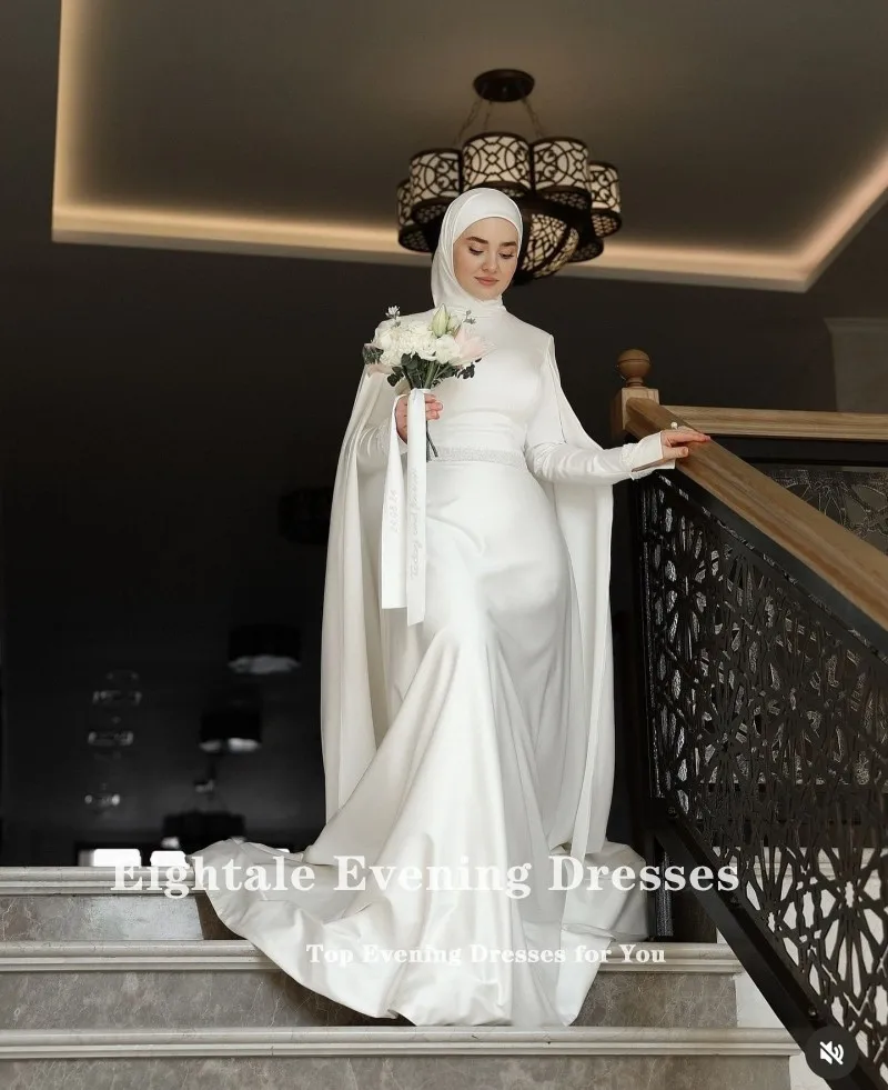 Eightale Muslim Wedding Dress High Neck Satin Customized Beaded Sashes Arabic Bridal Gown Long Sleeves Vestido De Noiva image 2