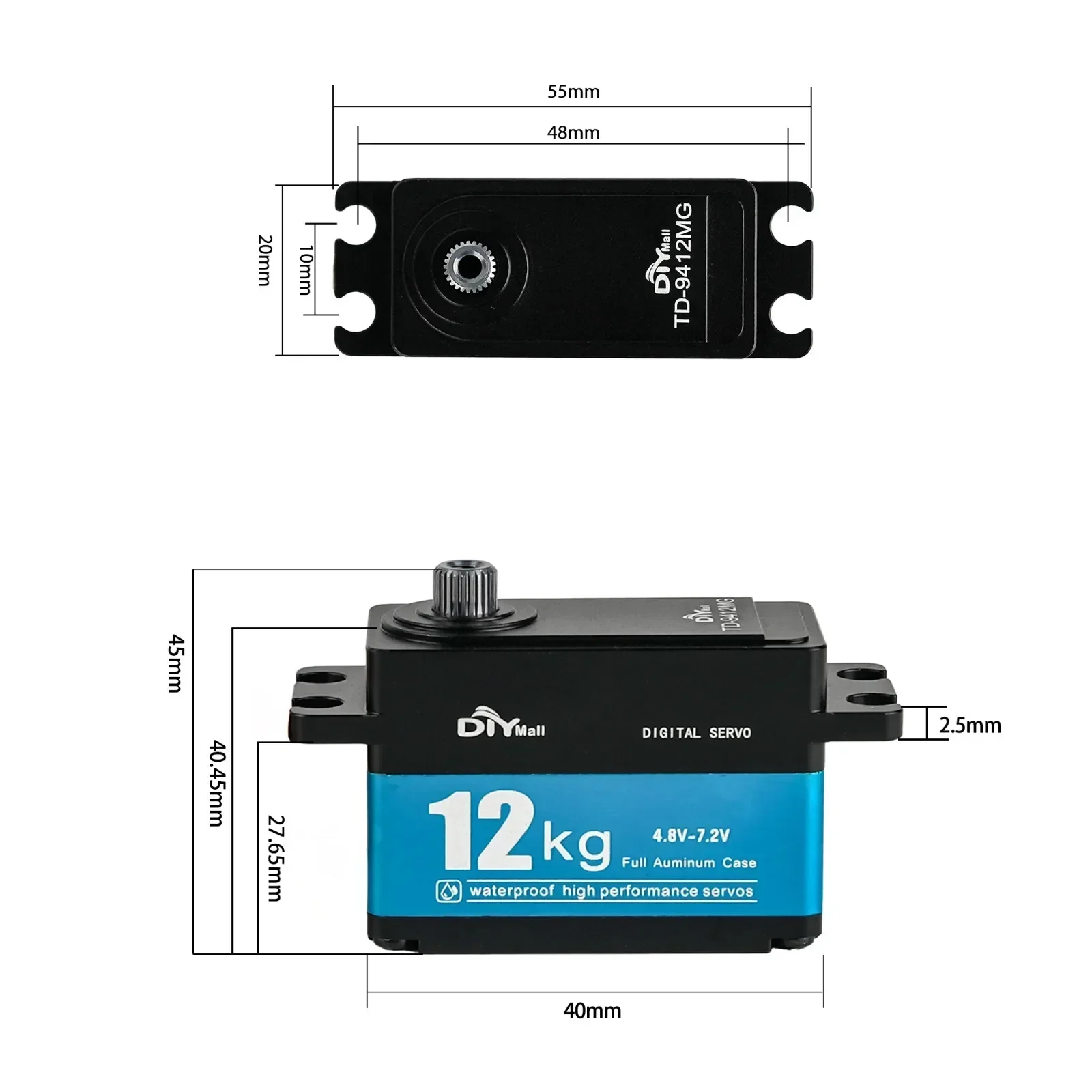 TD-9412MG Digital Servo 12KG High Torque Full Metal Carbon Brush Motor 180/270/360 Degree Short Model for 1:10 1:8 RC Cars Robot