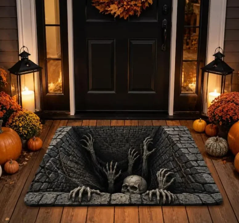 Skeleton Pit Halloween 2D Optical Illusion Doormat Decor, Creepy Brick Hole Skeleton Spooky Rug Horror Front Door Decor Mat