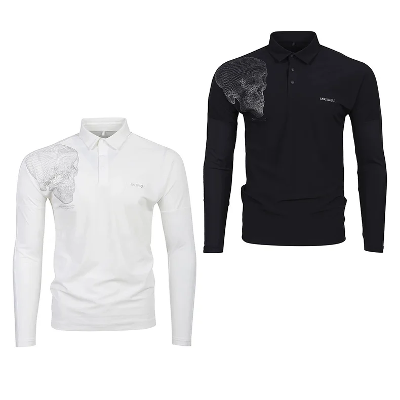 Golf Clothing Men's New Sports Slim Fit Lightweight Base Shirt Solid Color Printed Skull Head Long Sleeved Golf Shirt