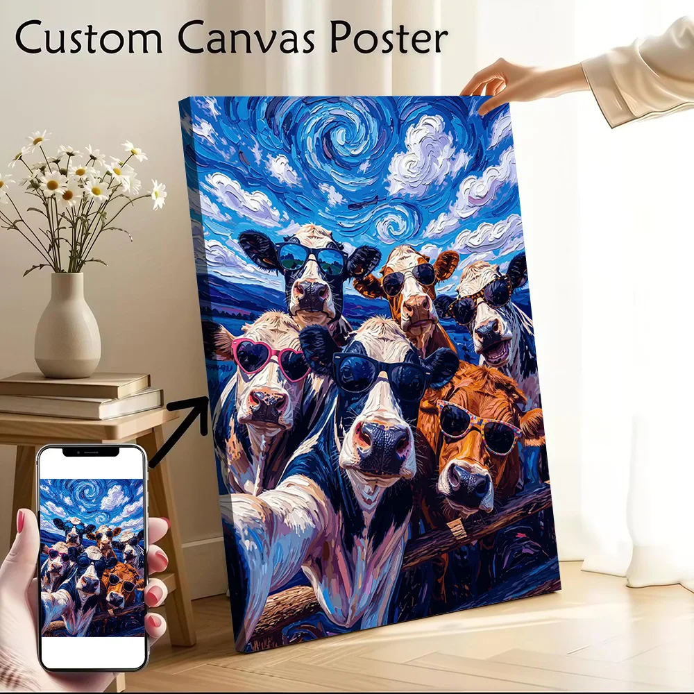 Cows Taking a Selfie Canvas Wall Art Poster Custom Photo Print Modern Painting for Fans Bedroom Living Room Interior Decoration