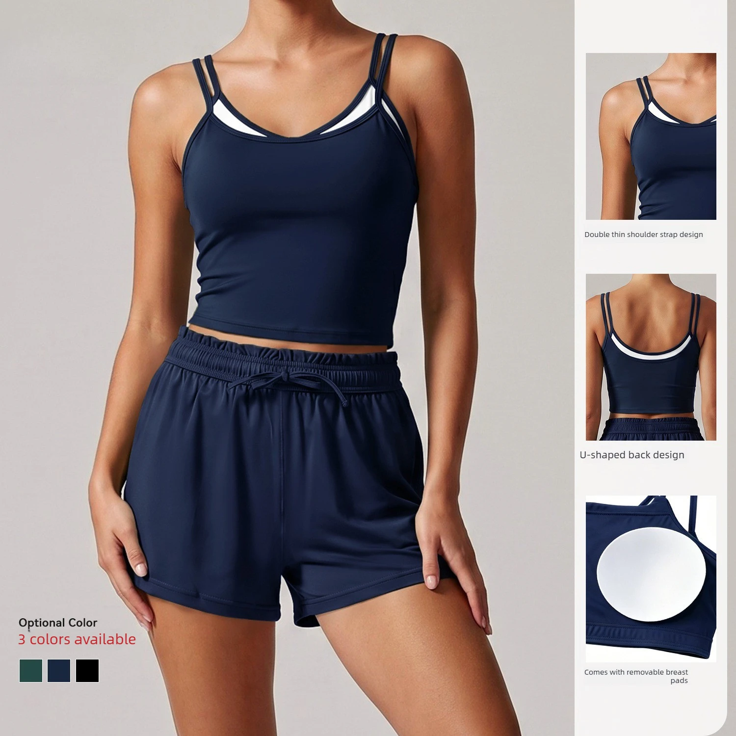 Women 2 Piece Yoga Set Fake Two‑Piece Sports Tank Top Built‑in Bra Drawstring Shorts Workout Clothes Gym Running Activewear Set