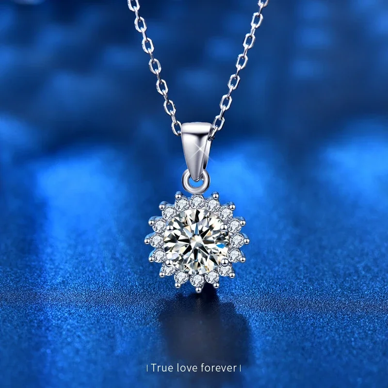 0.5/1/2/3/5Ct Moissanite Diamond Shiny Sunflower Pendant, PT950 Platinum Designer Necklace for Women Fine Jewelry Girl Gift