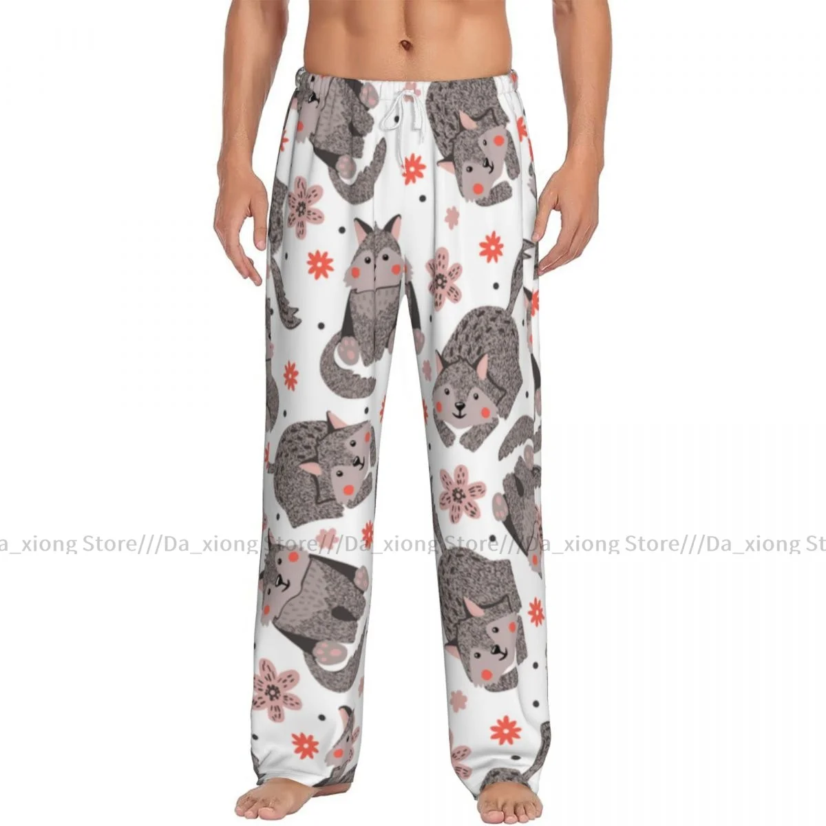 Men's Casual Pajama Sleeping Pants Little Wolfs And Flowers Lounge Loose Trousers Comfortable Nightwear