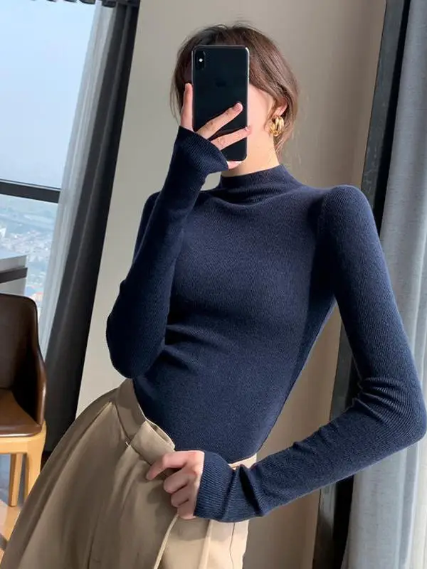 

Slim Fit f Вязаный топ с высоким воротником Женская мода Осень Зима Новый средний воротник Base irt Ele k Синий Модный топ