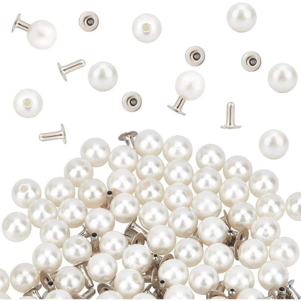 100 Set 6 mm Perlennieten, Nieten, weiße runde Kunststoff-Perlenknöpfe, Nieten mit Stiften, Kit für Kleidung, Hüte, Taschen, Schuhverzierungen