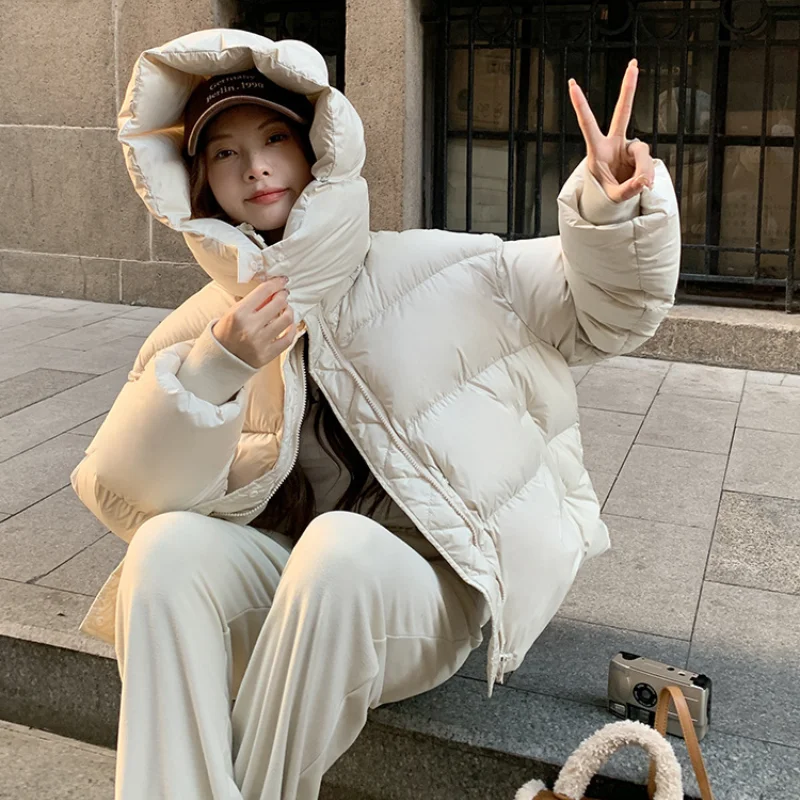 Monochrome Hooded Jackets for Women, Short Coats, Thick Warm Puffer Coats, Korean Fashion Outerwear, Simple Bread Clothing New