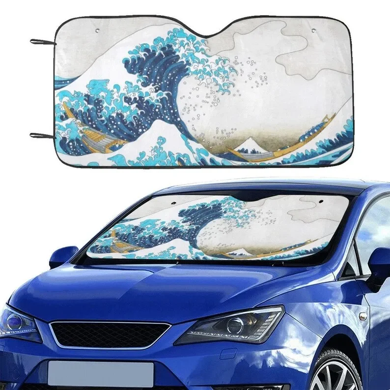 Great Wave Japan Windshield Sun Shade, Ocean Sea Art Car Accessories Auto Protector Window Visor Screen Cover Cover Decor