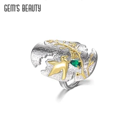 GEM'S BEAUTY 100% Real 925 Sterling Silver Open Ring Natural Stone Handmade Design Fine Jewelry Bird On Branch Rings For Women