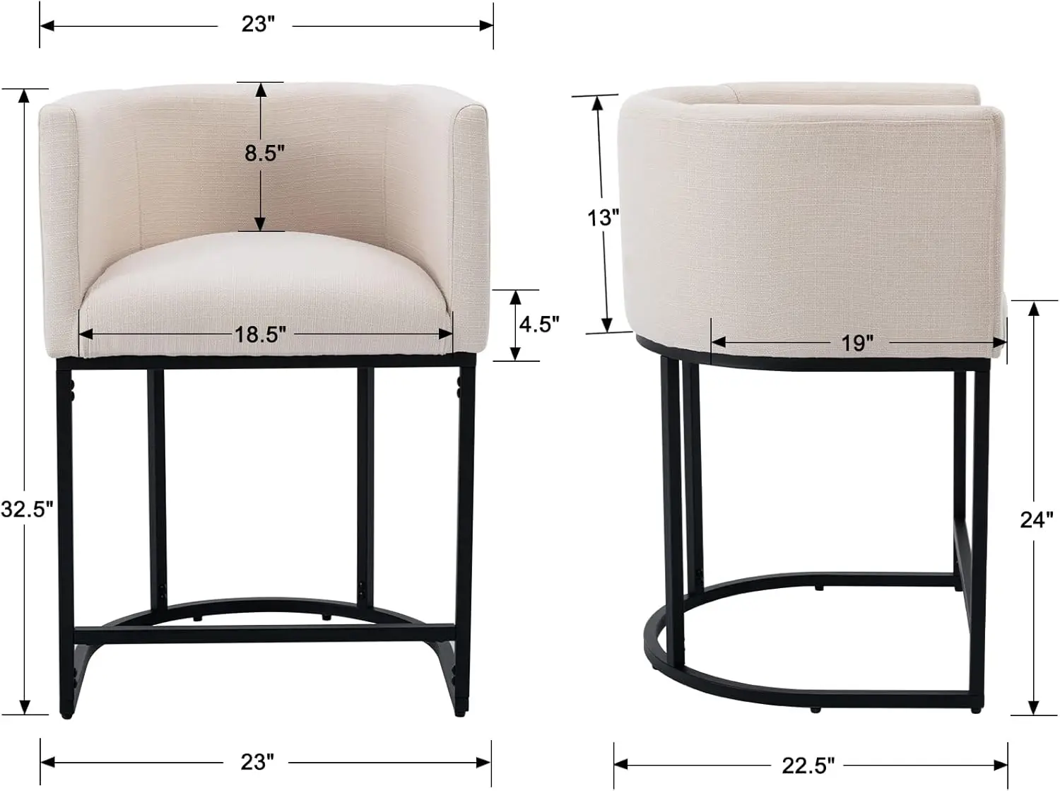 Ensemble de 3 tabourets de bar en lin crème contemporain de 24 pouces, comptoir en tissu