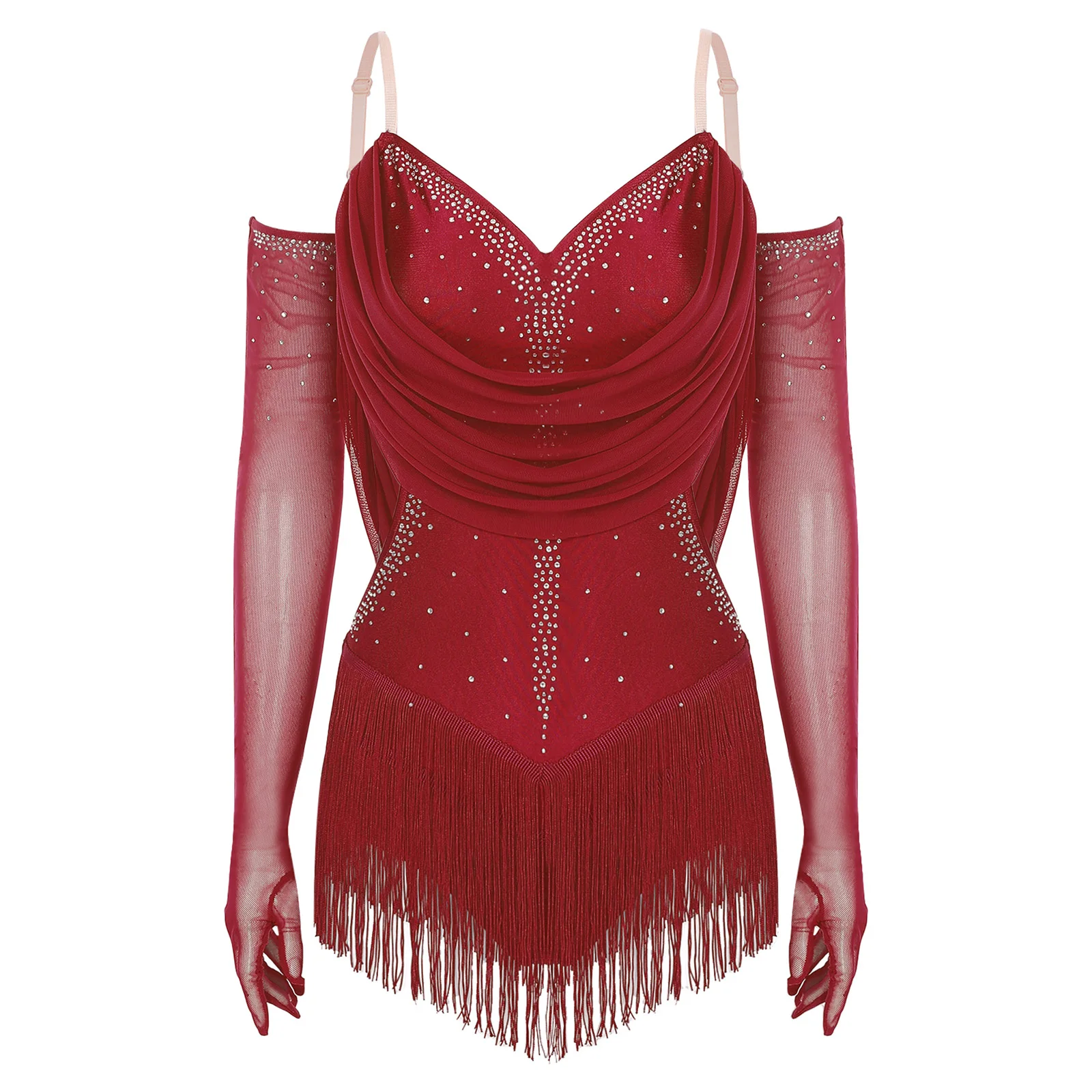 Women's Fringed Gymnastics Bodysuit with Gloves Ruched Mesh Drapes Latin Dance Leotard Cutout Tassel Ballet Chacha Jumpsuit