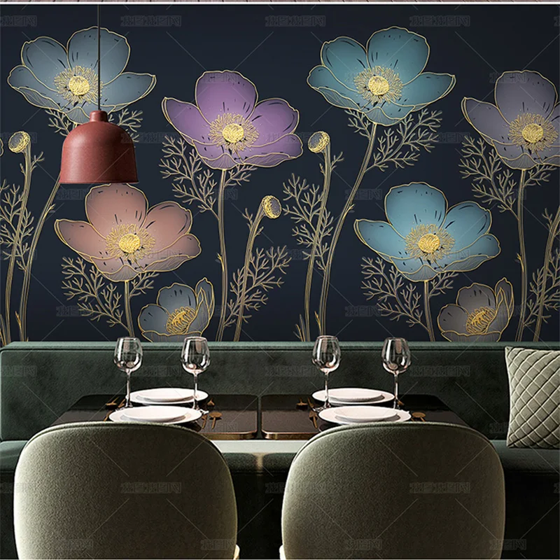custom 3d Light luxury floral plant wallpaper Golden relief mural lines Nordic living room background wall bedroom dining room