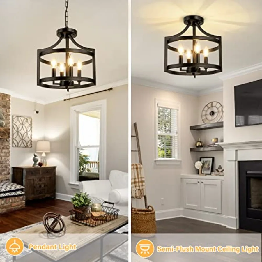 4-Light Black Semi Flush Mount Ceiling Light Fixture, Convertible Hanging Pendant Lighting, Kitchen Foyer Lighting Fixtures Mod