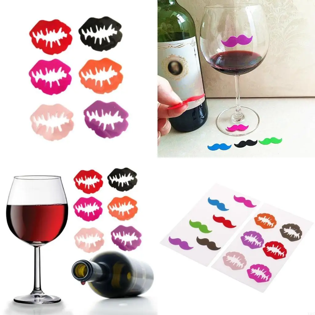 Wine Glass Markers Set of 18 Lips Beard Silicone Drink Glass Charms Tags Identification Cup Labels Signs for Party Bar X3UC