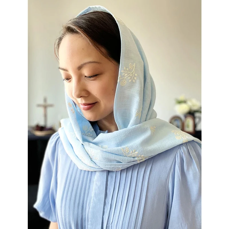 Cotton Rectangular Wrap Mantilla Veils For Church Chapel Catholic Mass Prayer Head Covering Blue Embroidered Floral Vintage Long