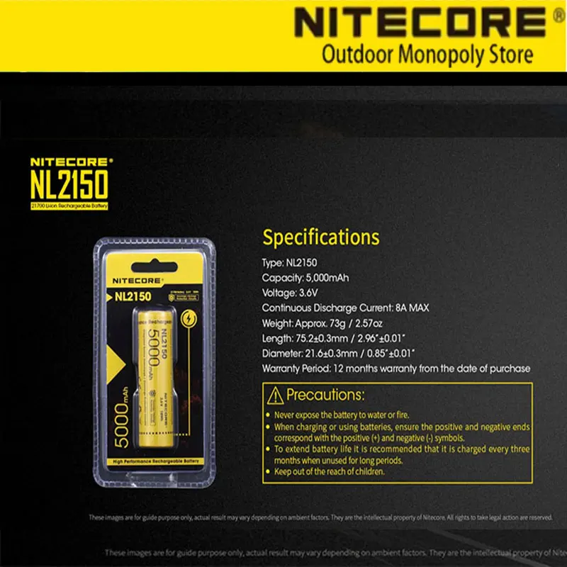 Аккумулятор Nitecore NL2150, перезаряжаемый литиевый аккумулятор 21700, аккумулятор 5000mA, сертифицирован CE и ROHS