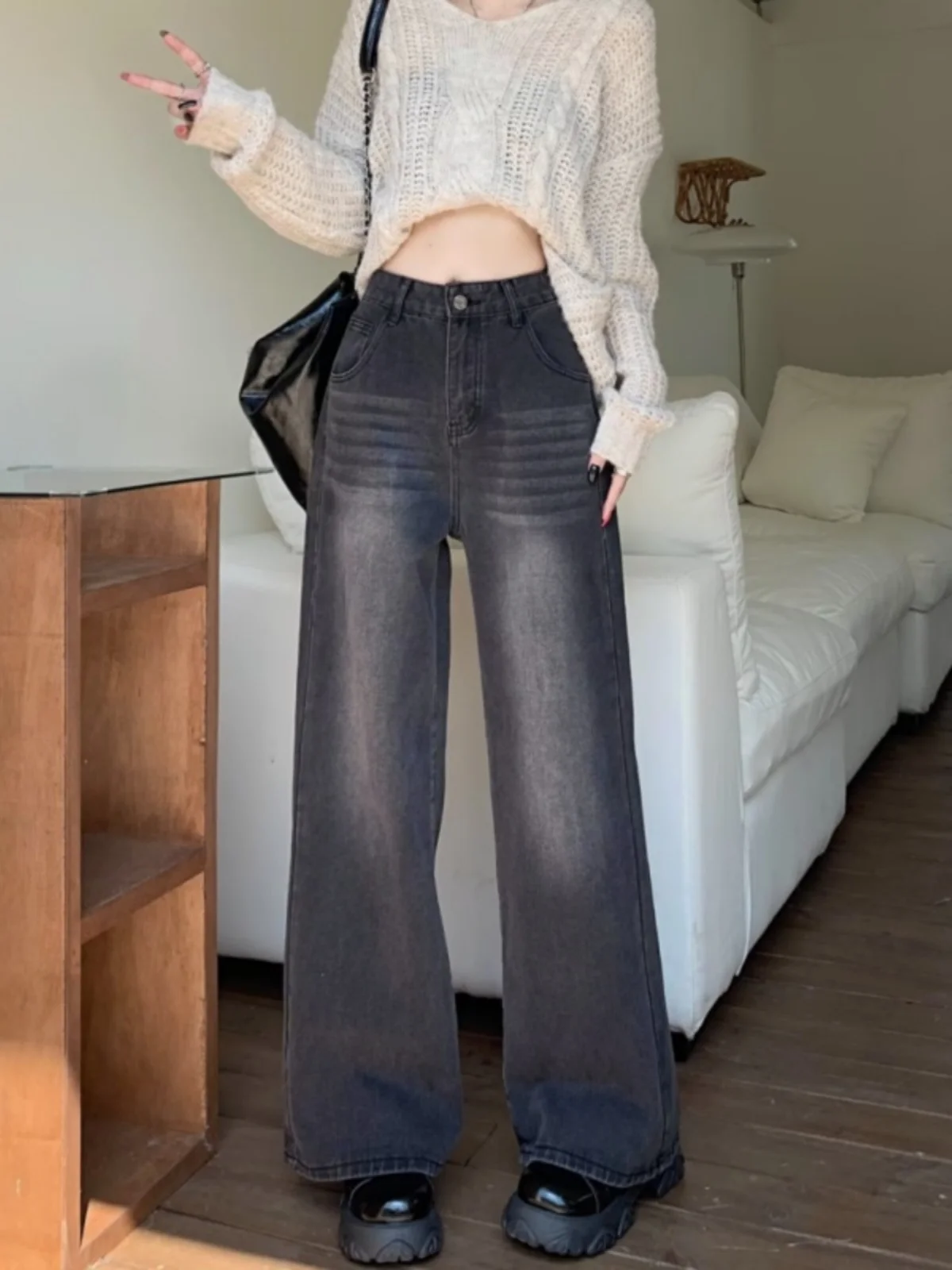 

Retro American Sle Faded Wide Leg Jeans Women's High Waist Loose Slim Long Straight Tube Jeans Casual High Waist Jeans