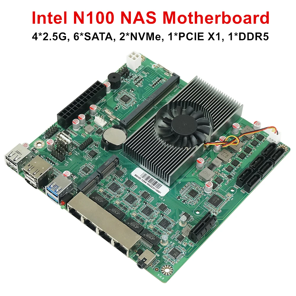 Intel n150 n100 nasマザーボード、ミニitxメインボード、6ベイ、6 x sata 3.0、4x2.5g、i226, 1 x pcie x1、1 x ddr5、4800mhz、低電力ファイアウォール