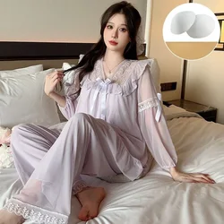 New Pajama Women Spring Autumn Long Sleeved Loungewear V-neck Flower Bud Bow Slim Set Purple Homewear Chest Pad Sleepwear