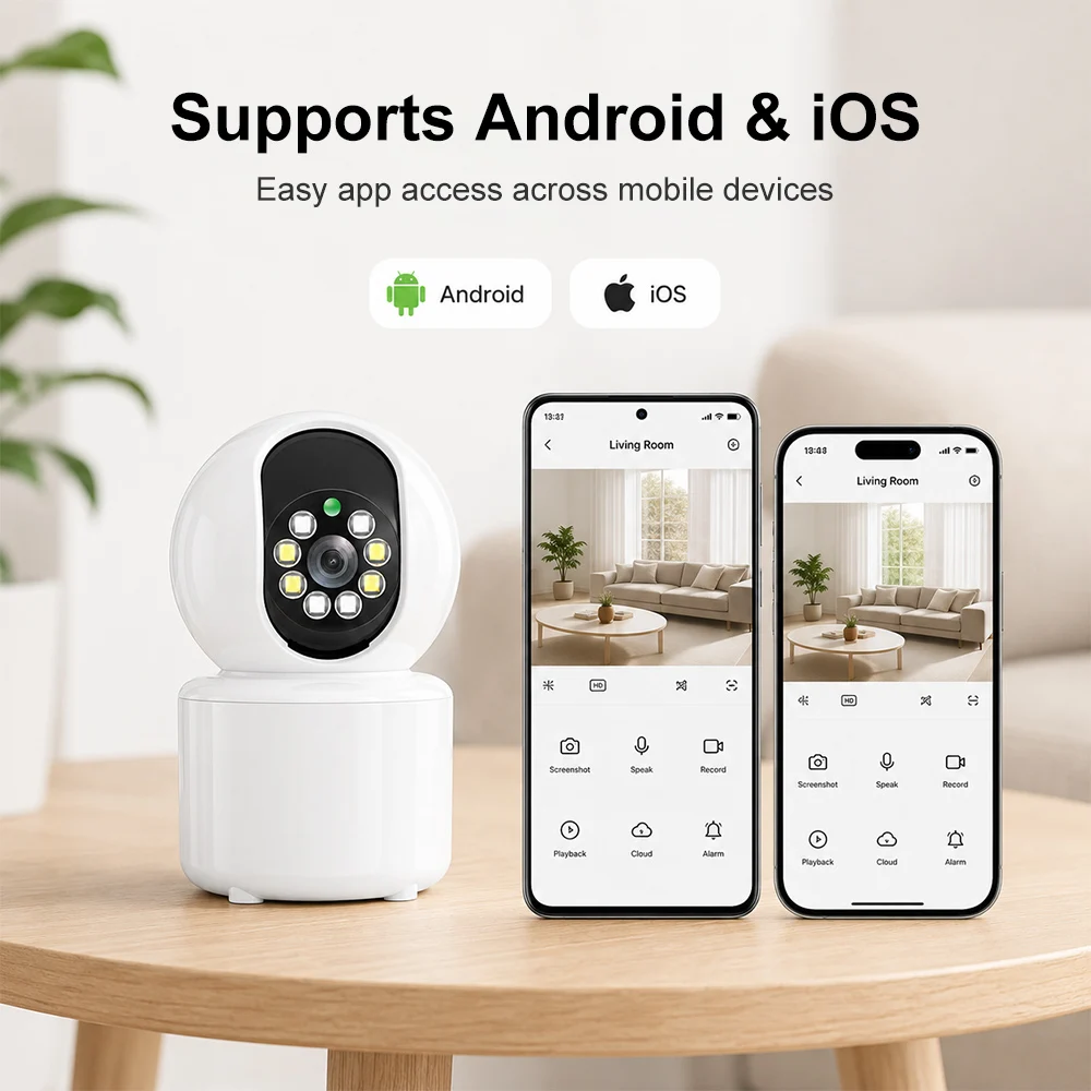 Cámara de Seguridad WiFi para Hogar Inteligente, Visión Nocturna a Todo Color con LED IR, Detección de Movimiento, Audio Bidireccional, 100