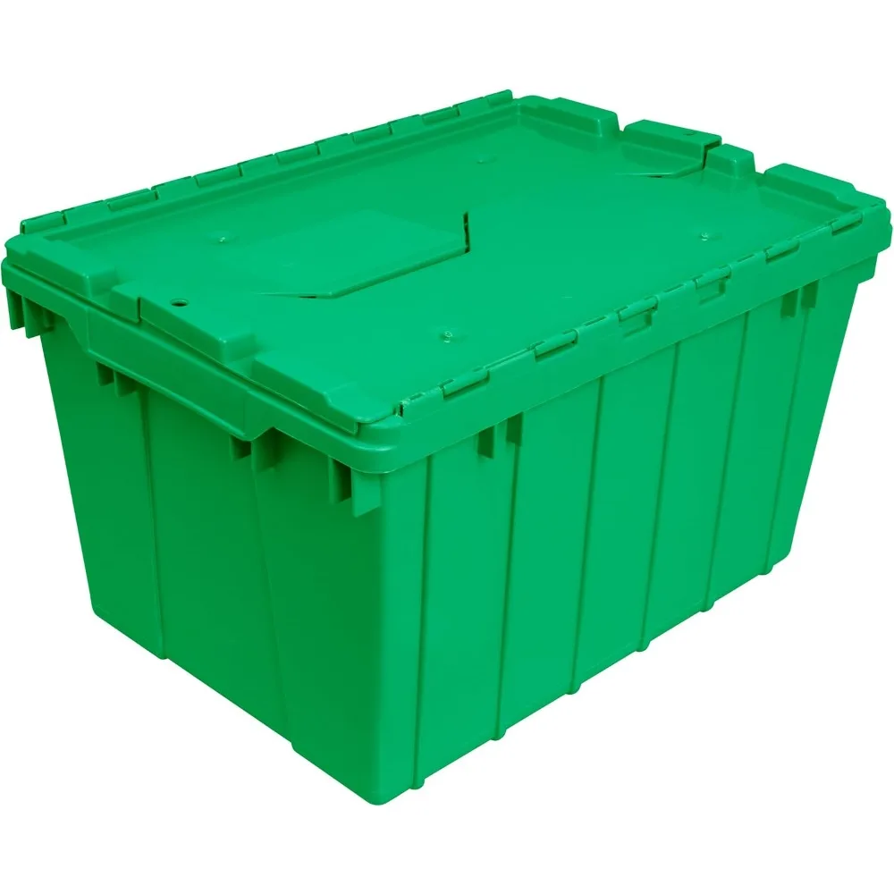 Industrial Plastic Storage Tote with Hinged Attached Lid, (21-Inch L by 15-Inch W by 12-Inch H), Green, (6-Pack)