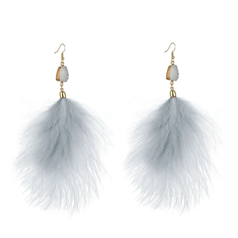 2023 New Long Crystal Tassel Dangle Drop Earrings Jewelry for Women Bohemian Genuine Feather Plush Earrings Wedding Jewelry