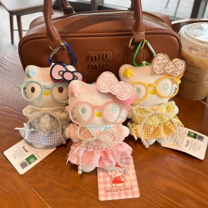 

Kawaii Hellokitty Plush Doll with Glasses Bow Dress Cute Keychain Backpack Bag Pendant Lovely Ornament Sweet Gift for Girls