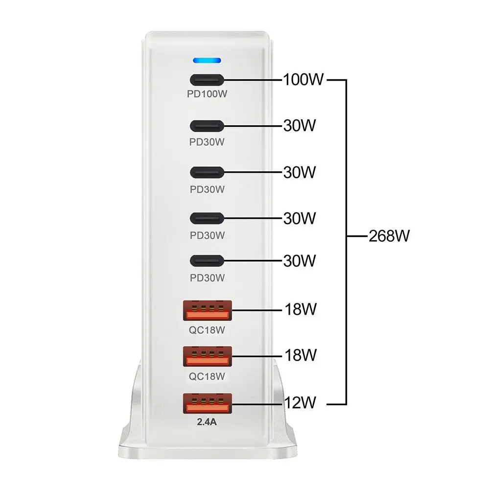 268W GaN Charging Station 8-port USB Type C PD Charger Desktop Base Fast Charging US EU UK AU Plug