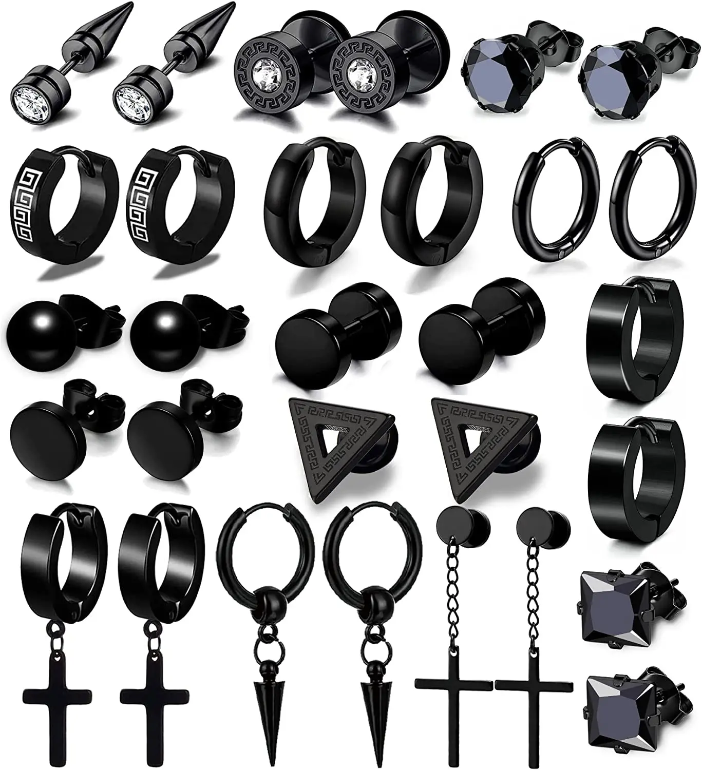 11/12/13/15/17 Pairs Zwarte Oorbellen Set Rvs Hoepel Oorbellen Voor Mannen Gothic Kruis Ronde straat Pop Hip Hop Oor Sieraden