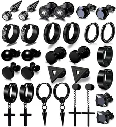 11/12/13/15/17 Pairs Black Earrings Set Stainless Steel  Hoop Earrings for Men Gothic Cross Round Street Pop Hip Hop Ear Jewelry