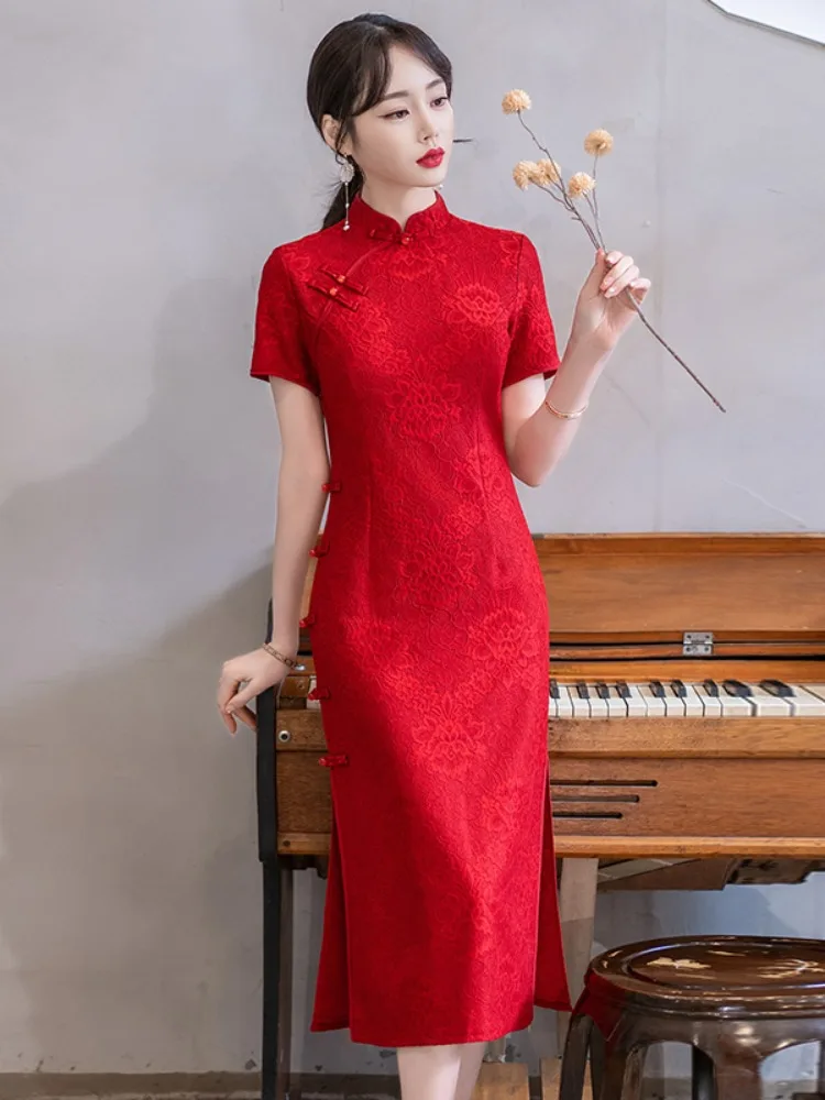 

Slimming Red Short Sleeve Stand Collar Midi Dress Chinese Style plus Size Women's Retro Version Improved Summer 2026