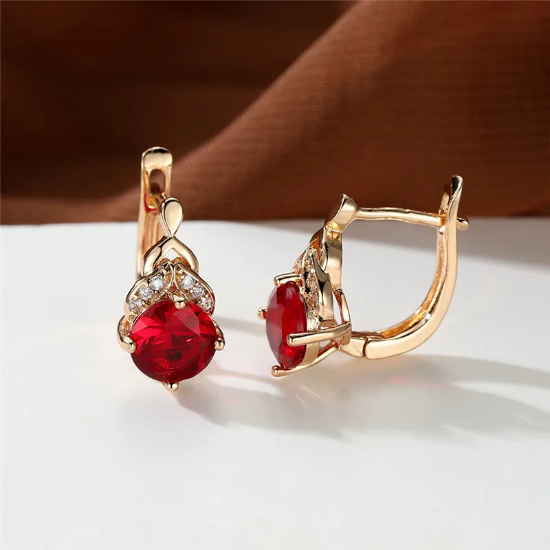 Classic Round Red Zircon Hoop Earring Luxury Female Crystal Stone Jewelry Charm Gold Color Birthstone Earrings For Women