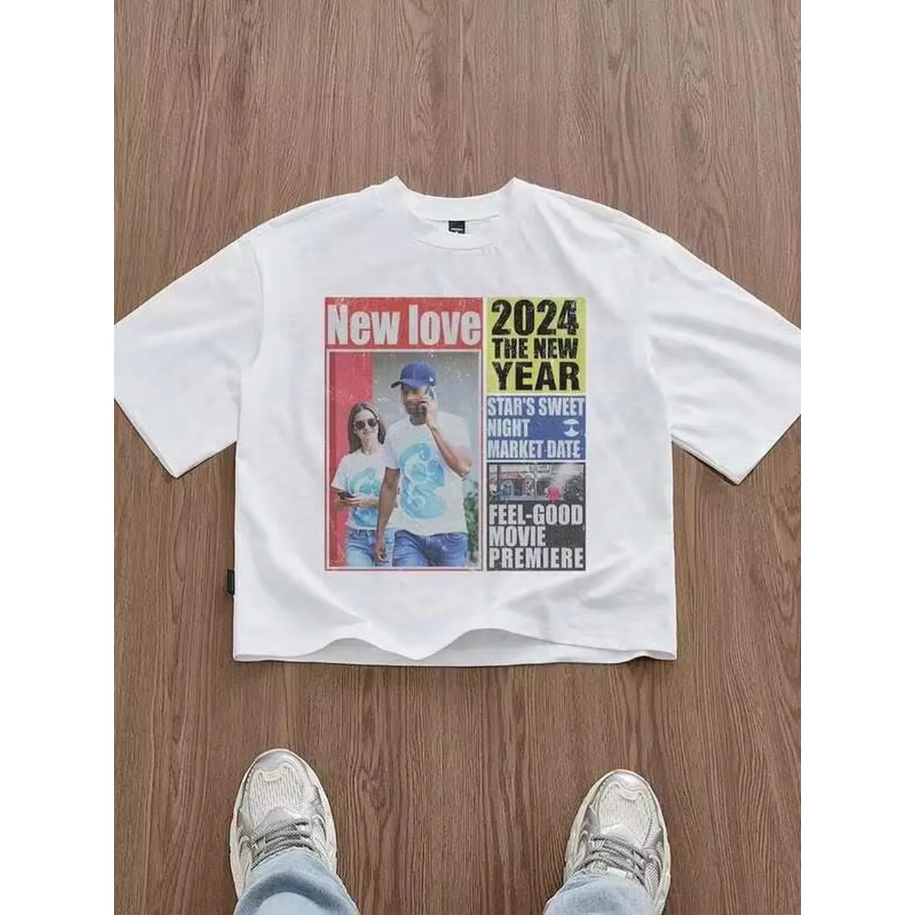 SWAVVY Standard Size Short White Boxy Newspaper Graphic T-Shirt, Summer